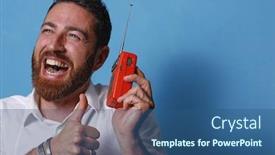  Presentation with transistor - Amazing slide set having portrait of a happy and cheerful man who hears a small transistor on a blue background backdrop and a ocean colored foreground