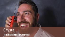  Presentation with transistor - PPT theme with portrait of a happy and cheerful man who hears a small transistor on a blue background background and a tawny brown colored foreground
