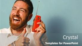  Presentation with transistor - Theme consisting of portrait of a happy and cheerful man who hears a small transistor on a blue background background and a ocean colored foreground