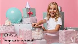  Presentation with pink birthday - Colorful PPT layouts enhanced with portrait of a happy little girl in a birthday hat celebrating while sitting in a pile of present boxes with a jar of marshmallows isolated over pink background backdrop and a lemonade colored foreground