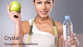  Presentation with healthy food medical bottle - Colorful slide deck enhanced with portrait of a healthy woman backdrop and a coral colored foreground