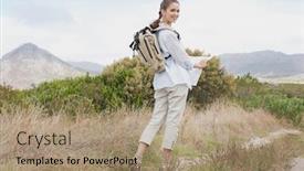  Presentation with terrain map - Beautiful presentation featuring hiking young woman holding map backdrop and a coral colored foreground
