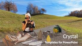  Presentation with homeless - Colorful slide set enhanced with portrait of a homeless housewife who irons in the road backdrop and a gray colored foreground