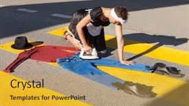  Presentation with homeless - Audience pleasing PPT theme consisting of portrait of a homeless housewife backdrop and a yellow colored foreground