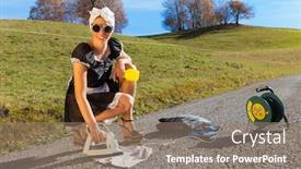  Presentation with homeless - Cool new slide deck with portrait of a homeless housewife who irons in the road backdrop and a coral colored foreground