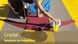  Presentation with homeless - Audience pleasing slide set consisting of portrait of a homeless housewife who irons in the road backdrop and a tawny brown colored foreground