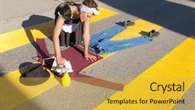  Presentation with road - Slide set with portrait of a housewife who irons in the road background and a yellow colored foreground