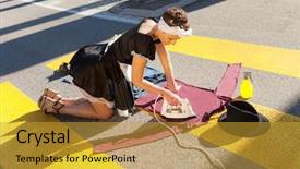  Presentation with road - PPT theme with portrait of a housewife who irons in the road background and a gold colored foreground