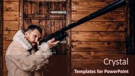  Presentation with hunting - Cool new theme with portrait of a hunter man standing at the wooden house man hunting musket backdrop and a tawny brown colored foreground