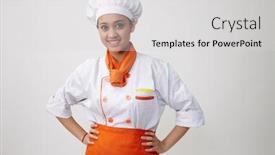  Presentation with indian woman - Beautiful presentation theme featuring portrait of a indian woman with chef uniform with confident backdrop and a light gray colored foreground