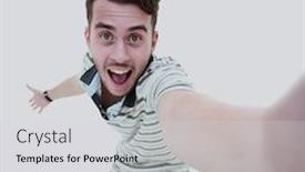  Presentation with joyful - Presentation theme having portrait of a joyful casual man taking selfie and holding camera background and a light gray colored foreground