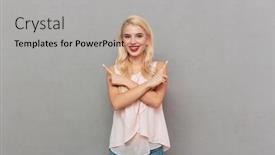  Presentation with two ways - Theme enhanced with portrait of a joyful girl standing and pointing two fingers both ways isolated over gray background background and a light gray colored foreground