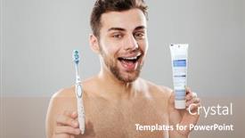  Presentation with toothpaste - Slide deck enhanced with portrait of a joyful half naked man holding toothbrush and toothpaste isolated over gray background background and a coral colored foreground