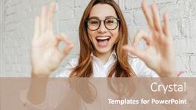  Presentation with paint white brick wall - Theme featuring portrait of a joyful young businesswoman wearing eyeglasses showing ok gesture and looking at camera over white brick wall background background and a coral colored foreground