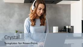  Presentation with computer music - Colorful PPT theme enhanced with portrait of a joyful young woman listening to music with headphones and using laptop computer while standing at the kitchen table at home backdrop and a light blue colored foreground