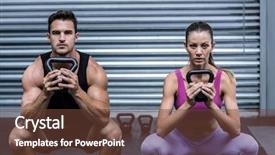  Presentation with kneeling - Presentation theme consisting of portrait of a kneeling muscular couple exercising with kettlebells background and a tawny brown colored foreground