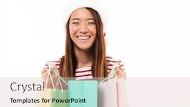  Presentation with girl christmas - PPT layouts consisting of portrait of a laughing asian girl in christmas hat holding opened shopping bags and looking at camera isolated over white background background and a lemonade colored foreground