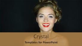  Presentation with wide - Beautiful PPT theme featuring portrait-of-a-laughing-woman backdrop and a coral colored foreground