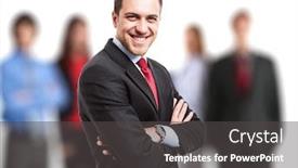  Presentation with team leader - Cool new slide set with portrait of a leader in front of his team backdrop and a dark gray colored foreground