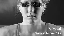  Presentation with swimmer - Presentation theme enhanced with portrait of a looking at camera strong muscular woman swimmer blue toned on blue background background and a gray colored foreground