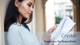  Presentation with reading - Beautiful PPT theme featuring portrait-of-a-lovely-female backdrop and a sky blue colored foreground