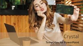  Presentation with selfie - Slide set enhanced with portrait of a lovely young girl taking selfie with mobile phone while sitting with laptop computer at a cafe outdoors background and a coral colored foreground