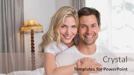  Presentation with home - Amazing PPT layouts having portrait of a loving young woman embracing man from behind at home backdrop and a coral colored foreground