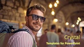  Presentation with traveler - Slides consisting of portrait-of-a-male-backpack background and a tawny brown colored foreground