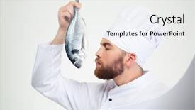  Presentation with cook chef - Theme with portrait of a male chef cook smelling fresh fish isolated on a white background background and a white colored foreground