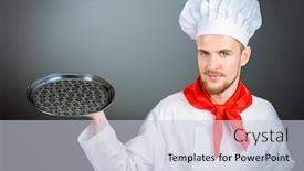  Presentation with cook chef - Colorful slide set enhanced with portrait of a male chef cook in uniform holding empty tray copy space occupation studio shot backdrop and a lemonade colored foreground