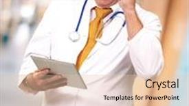  Presentation with tab - Beautiful PPT theme featuring portrait of a male doctor holding a tab indoor backdrop and a lemonade colored foreground