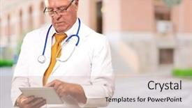  Presentation with tab - Presentation theme enhanced with portrait of a male doctor holding a tab outdoor background and a soft green colored foreground