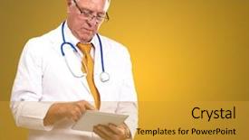  Presentation with tab - Cool new slide deck with portrait of a male doctor holding a tab on a yellow background backdrop and a gold colored foreground