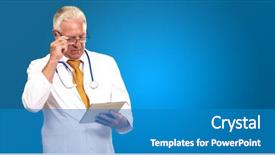  Presentation with tab - Cool new slides with portrait of a male doctor holding a tab on blue background backdrop and a teal colored foreground