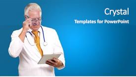  Presentation with tab - Beautiful PPT layouts featuring portrait of a male doctor holding a tab on blue background backdrop and a teal colored foreground