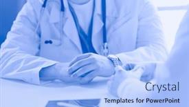  Presentation with medical desk - Beautiful theme featuring portrait-of-a-male-doctor backdrop and a light blue colored foreground