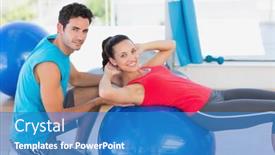  Presentation with trainer - Slide set consisting of portrait of a male trainer helping woman with her exercises at a bright gym background and a teal colored foreground