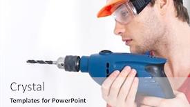  Presentation with drilling - Slide set consisting of portrait of a man drilling a hole in the wall background and a sky blue colored foreground