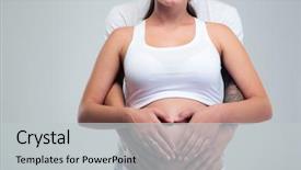  Presentation with stomach - Beautiful slide deck featuring portrait of a man embracing stomach of a pregnant woman on white background backdrop and a light gray colored foreground
