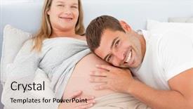  Presentation with wife - Slides with portrait of a man listening the belly of his pregnant wife lying on their bed background and a lemonade colored foreground