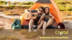  Presentation with guitar - Audience pleasing presentation theme consisting of portrait of a man playing guitar for his girlfriend sitting at the camping tent backdrop and a tawny brown colored foreground