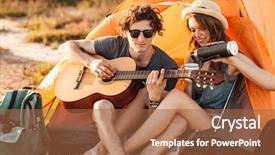  Presentation with camping - Colorful PPT theme enhanced with portrait of a man playing guitar for his girlfriend camping at the beach backdrop and a red colored foreground
