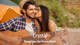  Presentation with camping - Audience pleasing presentation theme consisting of portrait of a man playing guitar for his girlfriend sitting at the camping tent at the beach backdrop and a red colored foreground