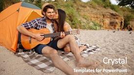  Presentation with tent - PPT theme consisting of portrait of a man playing guitar for his girlfriend sitting at the camping tent at the beach background and a coral colored foreground