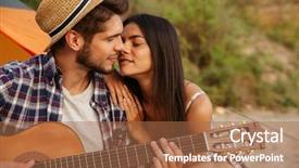  Presentation with tent - Theme enhanced with portrait of a man playing guitar for his girlfriend sitting at the camping tent at the beach background and a coral colored foreground