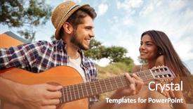  Presentation with tent - PPT layouts with portrait of a man playing guitar for his girlfriend sitting at the camping tent background and a red colored foreground