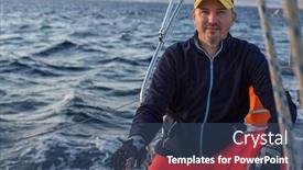 Presentation with sailing - PPT layouts consisting of portrait of a man sitting on a sailing yacht at sea background and a ocean colored foreground