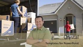  Presentation with delivery van - Theme having portrait of a man standing in front of delivery van and new house background and a coral colored foreground