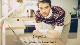  Presentation with laptop - Cool new PPT layouts with portrait-of-a-man backdrop and a coral colored foreground