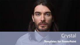 Presentation with long hair man - Beautiful theme featuring portrait of a man with beard and long hair looking at camera isolated on a black background backdrop and a light blue colored foreground